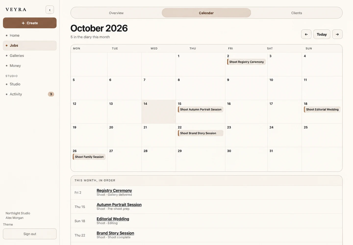 Veyra calendar showing shoots, sessions and availability