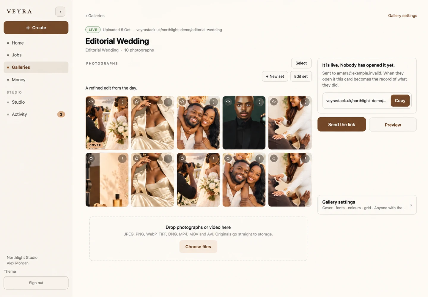 Veyra gallery manager showing client galleries and delivery tools