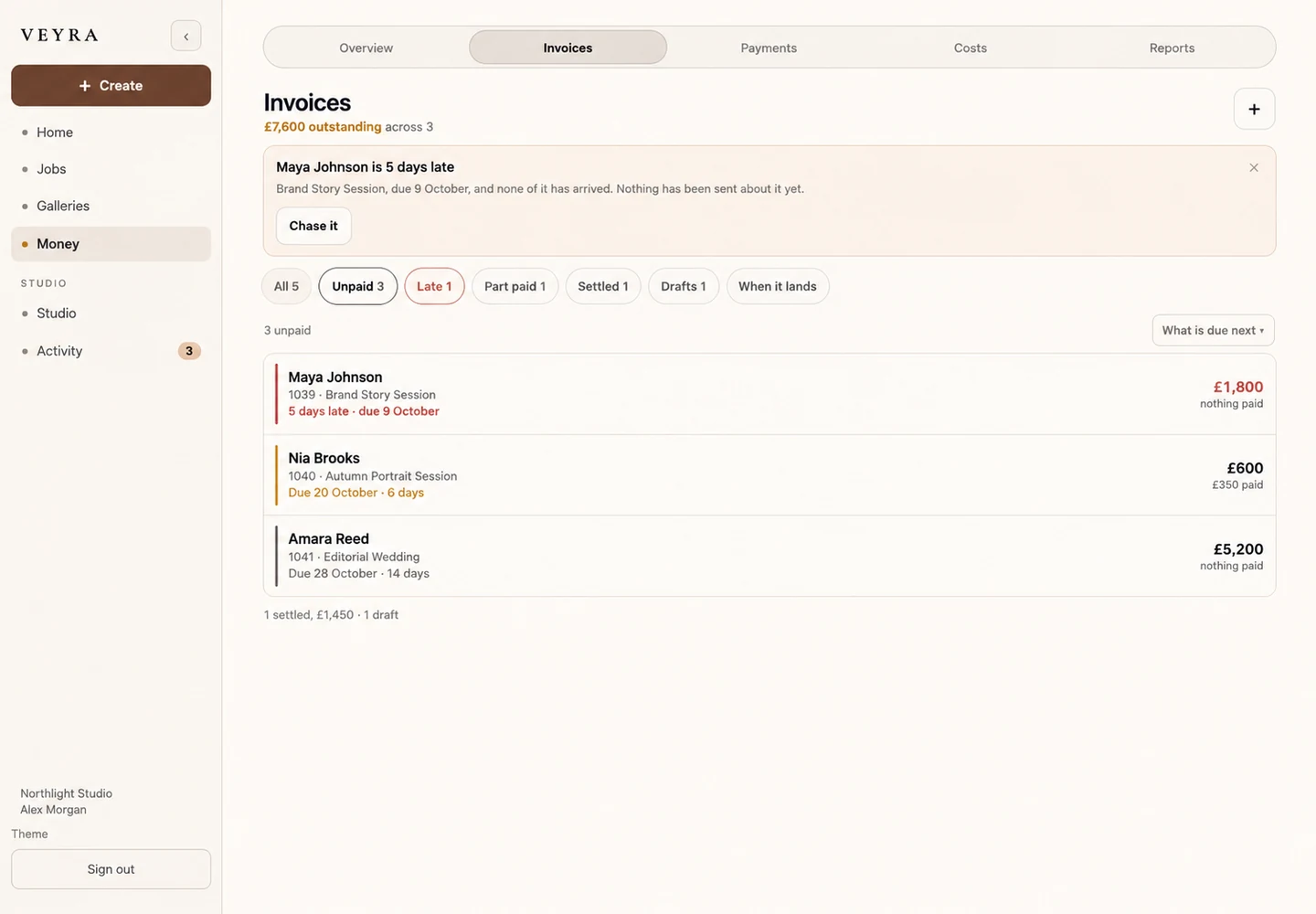 Veyra money view showing invoices and payments