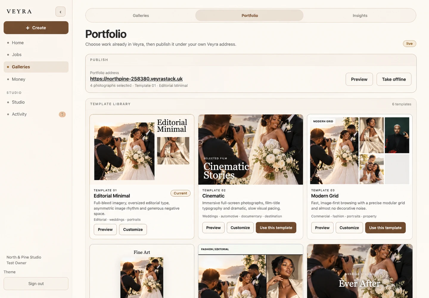 Veyra portfolio builder using existing studio work